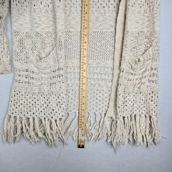 Cream Open Knit Hooded Cardigan Long Sleeve Fringe Trim cottagecore boho Y2K - Picture 4 of 6
